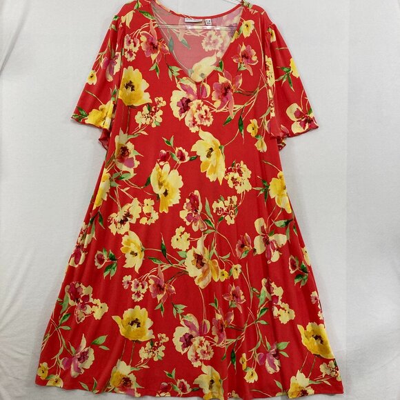 Susan Graver size 3X Red Yellow Floral V neck Liquid Knit Pockets Midi Dress - Picture 1 of 11